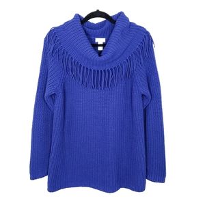 Chico's Blue Fringe Cowl Neck Knit Sweater L